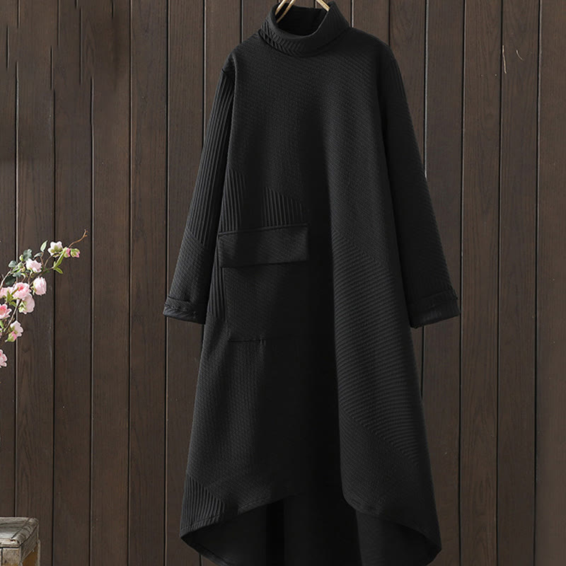 Abito midi in cotone con collo alto, maniche lunghe e design irregolare color puro Buddha Stones e tasca - Nero - US8-10, UK/AU12-14, EU40-42 (2XL) - image 0