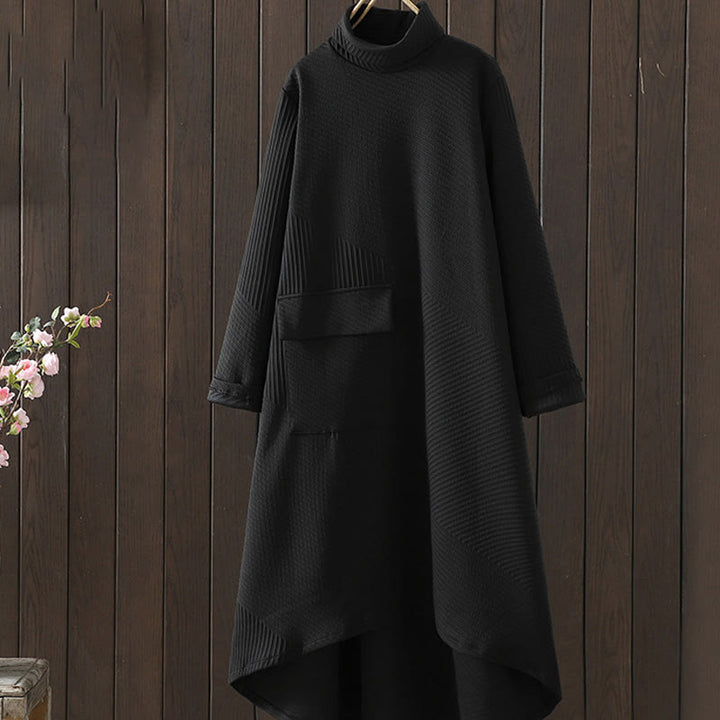 Abito midi in cotone con collo alto, maniche lunghe e design irregolare color puro Buddha Stones e tasca - Nero - US8-10, UK/AU12-14, EU40-42 (2XL) - image 0