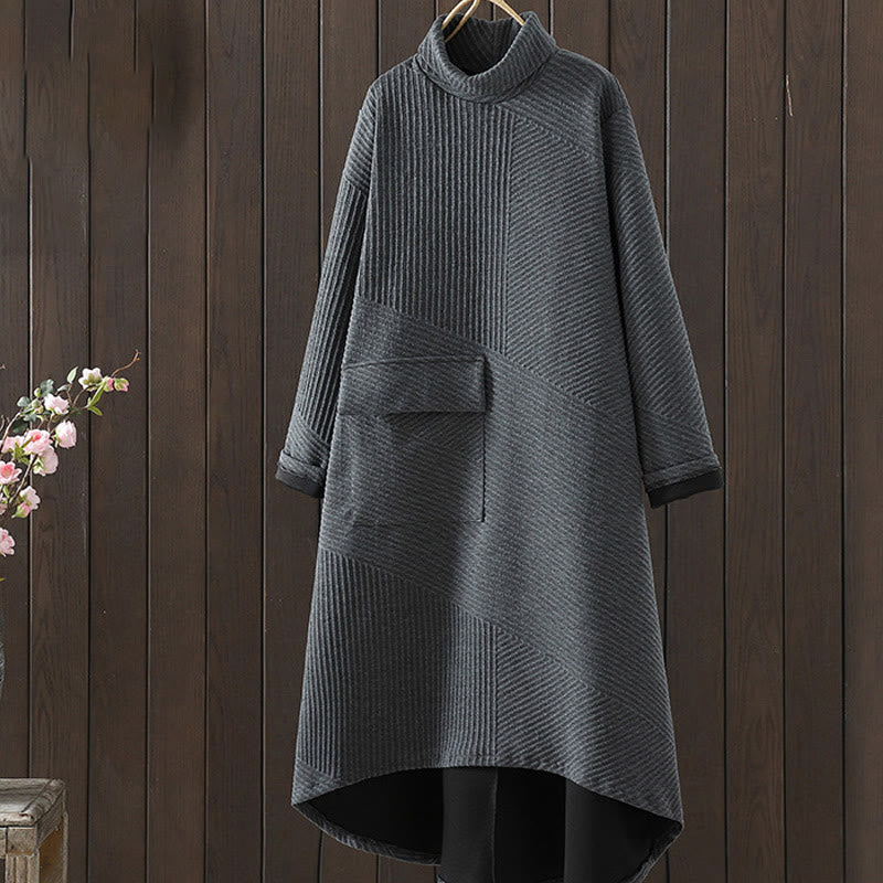 Abito midi in cotone con collo alto, maniche lunghe e design irregolare color puro Buddha Stones e tasca - Grigio ardesia - US8-10, UK/AU12-14, EU40-42 (2XL) - image 7