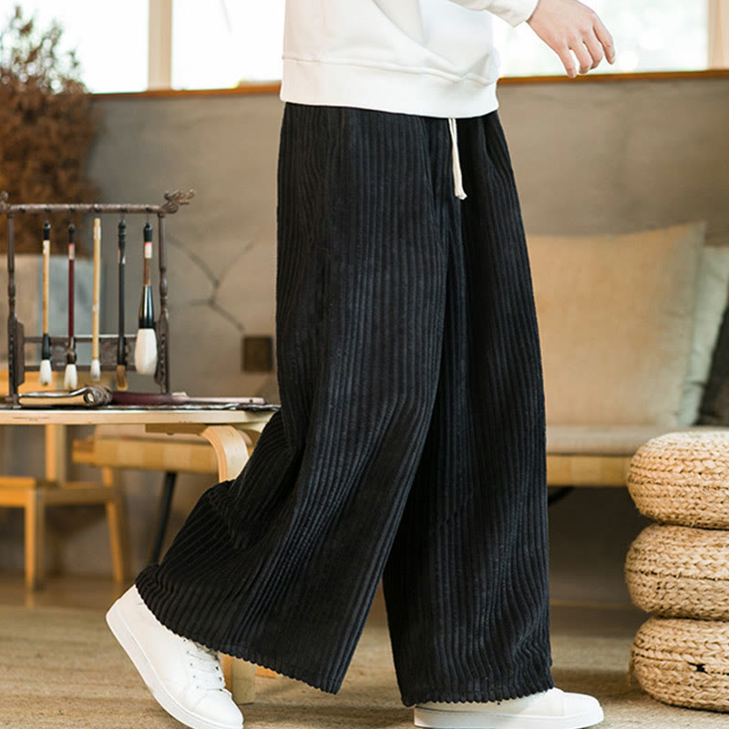 Pantaloni da uomo in velluto a coste di cotone a gamba larga con coulisse e tasche Buddha Stones Commute - Nero - US/UK/AU46, EU56 (5XL) - image 0