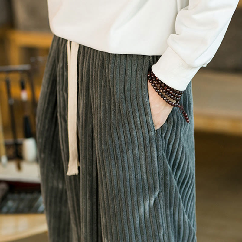 Pantaloni da uomo in velluto a coste di cotone a gamba larga con coulisse e tasche Buddha Stones Commute - image 25