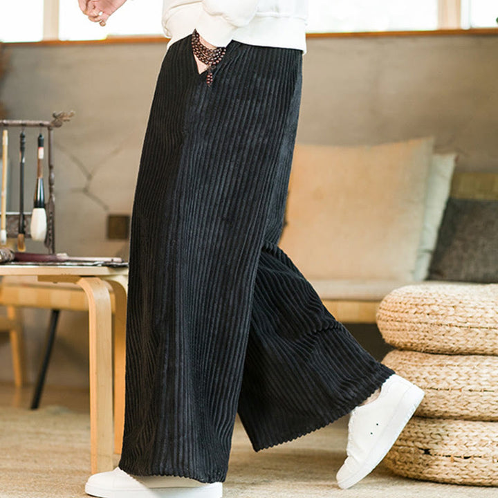 Pantaloni da uomo in velluto a coste di cotone a gamba larga con coulisse e tasche Buddha Stones Commute - image 1
