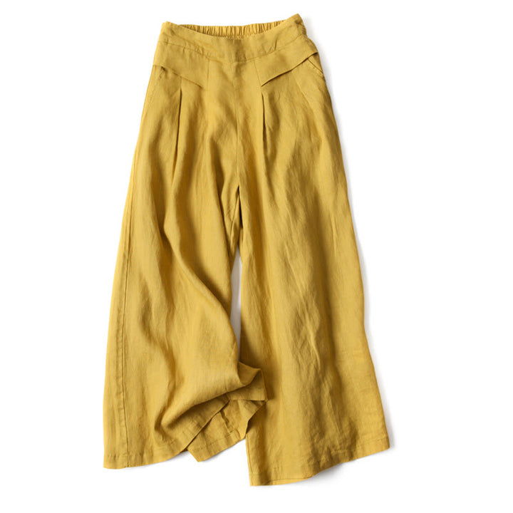 Pantaloni a gamba larga in cotone e lino tinta unita con vita alta e tasche Buddha Stones - Giallo - US16, UK/AU20, EU48 (3XL) - image 0
