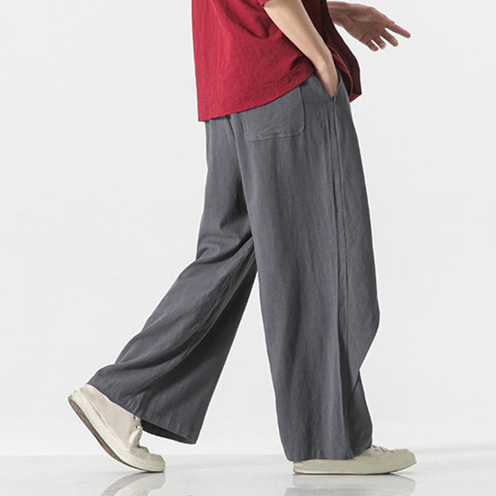 Pantaloni da uomo in cotone tinta unita con tasche e design asimmetrico con Buddha Stones - image 4