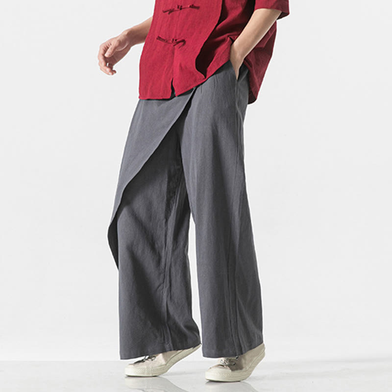Pantaloni da uomo in cotone tinta unita con tasche e design asimmetrico con Buddha Stones - image 2