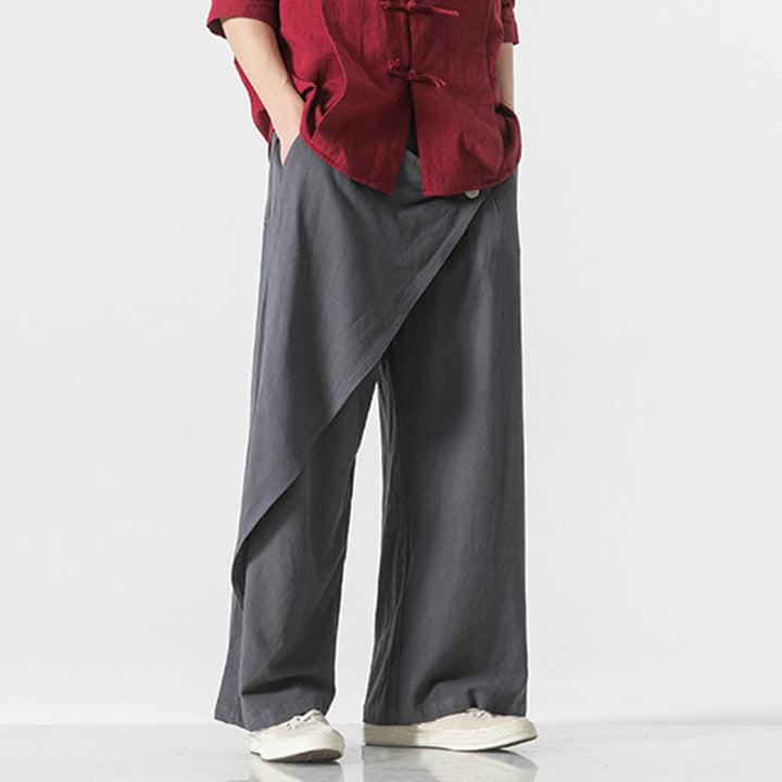 Pantaloni da uomo in cotone tinta unita con tasche e design asimmetrico con Buddha Stones - image 7