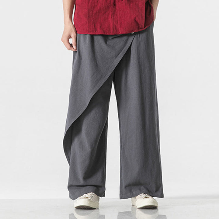 Pantaloni da uomo in cotone tinta unita con tasche e design asimmetrico con Buddha Stones - image 3