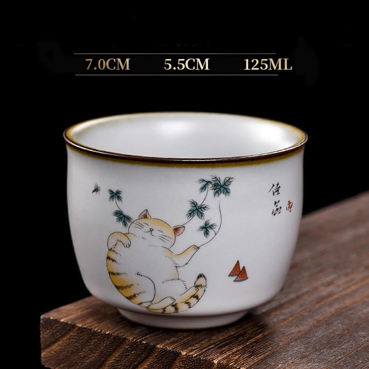 Tazza da tè Kung Fu con rami di gatto sdraiato e Buddha Stones, con scatola regalo - Gatto sdraiato e foglie 7 cm * 5,5 cm * 125 ml - image 18