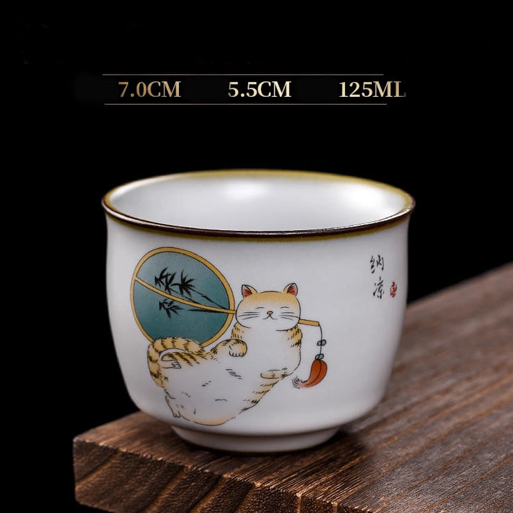 Tazza da tè Kung Fu con rami di gatto sdraiato e Buddha Stones, con scatola regalo - Gatto sdraiato e ventaglio 7 cm*5,5 cm*125 ml - image 19