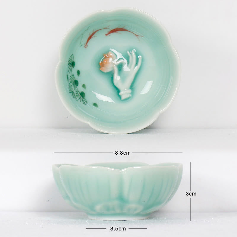 Tazza da tè Kung Fu con mano di loto e pesce koi in Buddha Stones - Pesce Koi rosso e mano 8,8 cm * 3 cm * 3,5 cm - image 8