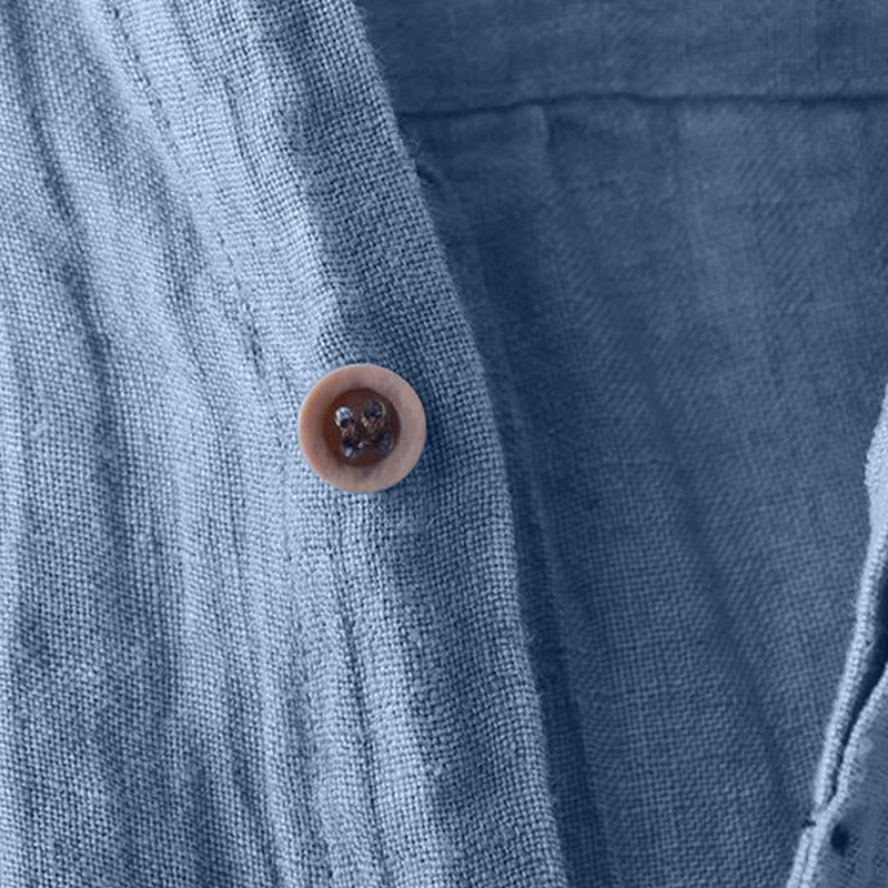 Camicia da uomo Buddha Stones, tinta unita, con risvolto, manica lunga, comoda, in cotone e lino, con bottoni e piega - image 2