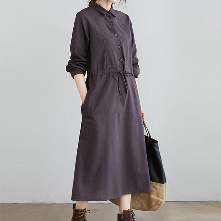 Abito midi in cotone a maniche lunghe con tasche e revers a tinta unita con lacci Buddha Stones - image 12
