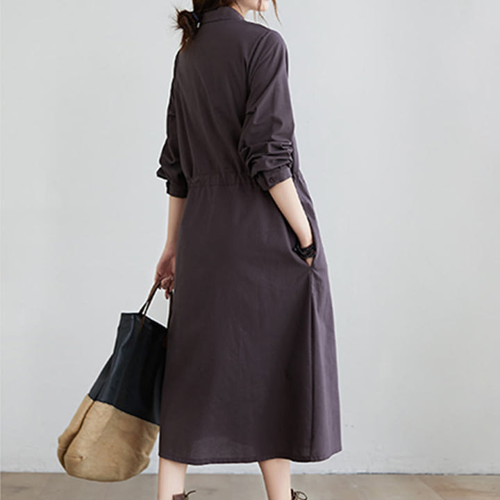 Abito midi in cotone a maniche lunghe con tasche e revers a tinta unita con lacci Buddha Stones - image 13
