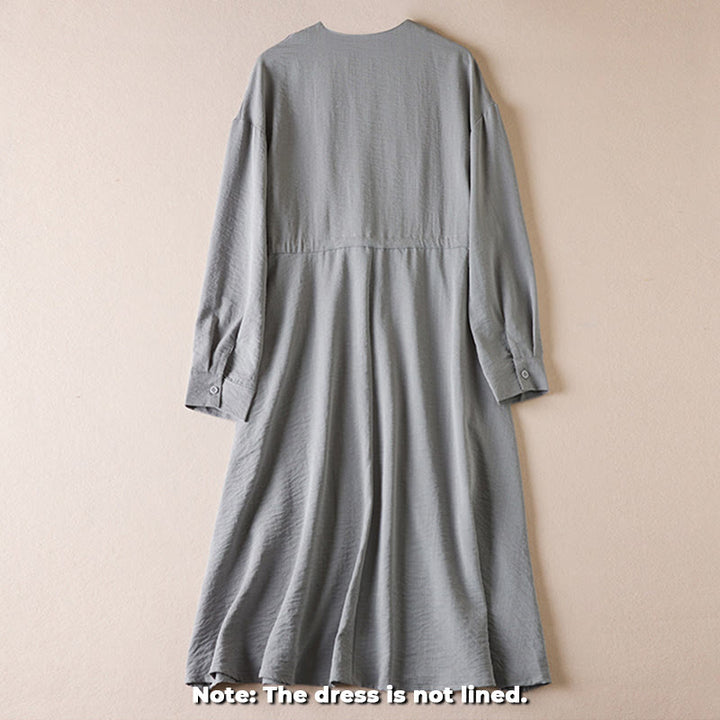 Abito midi in cotone con maniche lunghe, coulisse e colletto a tacca, colore puro, con tasche e Buddha Stones - image 8
