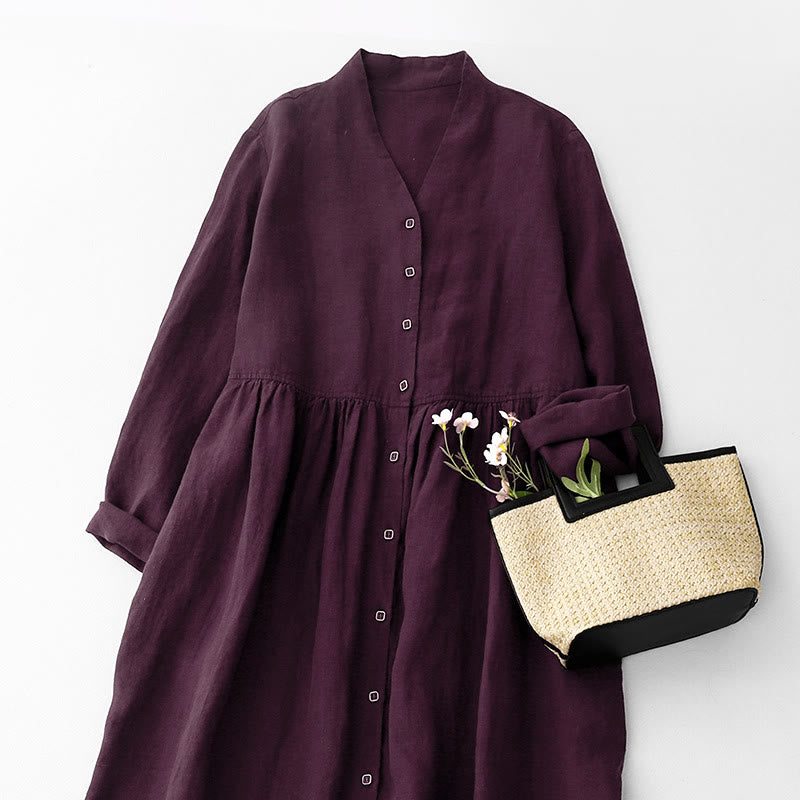 Abito midi in cotone a maniche lunghe con scollo a V e bottoni color magenta scuro Buddha Stones Fall - image 2