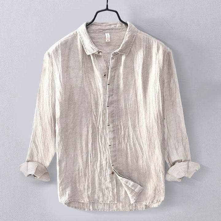 Camicia da uomo Buddha Stones, tinta unita, con risvolto, manica lunga, comoda, in cotone e lino, con bottoni e piega - Beige - US/UK/AU50, EU60 (5XL) - image 14