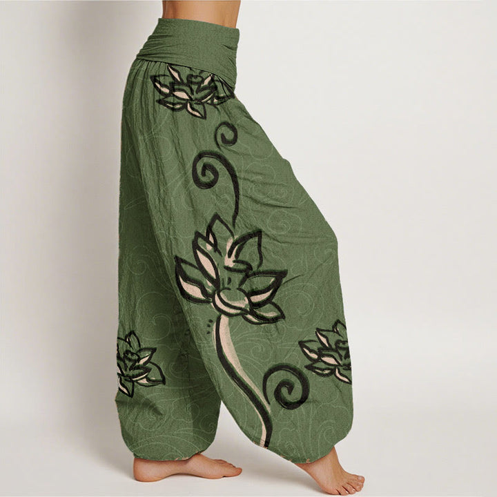 Pantaloni harem da donna con elastico in vita, in puro cotone, casual, con motivo a nuvole di buon auspicio e Buddha Stones - image 2