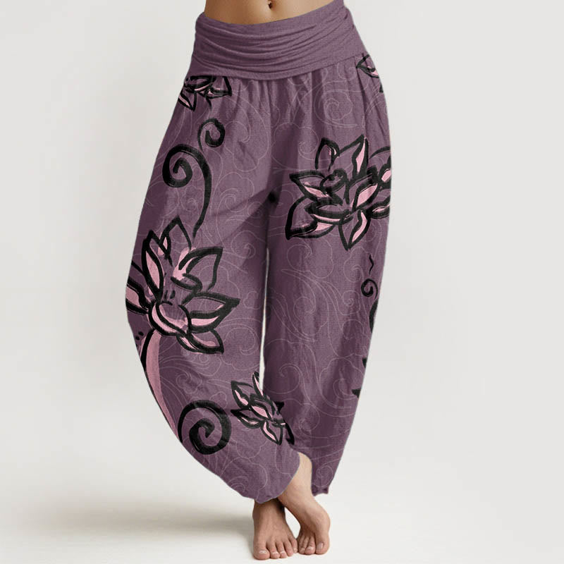 Pantaloni harem da donna con elastico in vita, in puro cotone, casual, con motivo a nuvole di buon auspicio e Buddha Stones - Magenta scuro - US22, UK/AU26, EU54 (6XL) - image 9