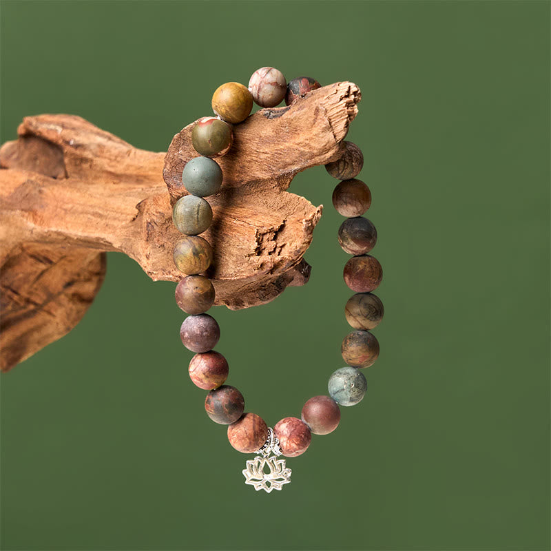 Bracciale Buddha Stones in argento sterling 925 con motivo loto e diaspro Picasso positivo - image 3
