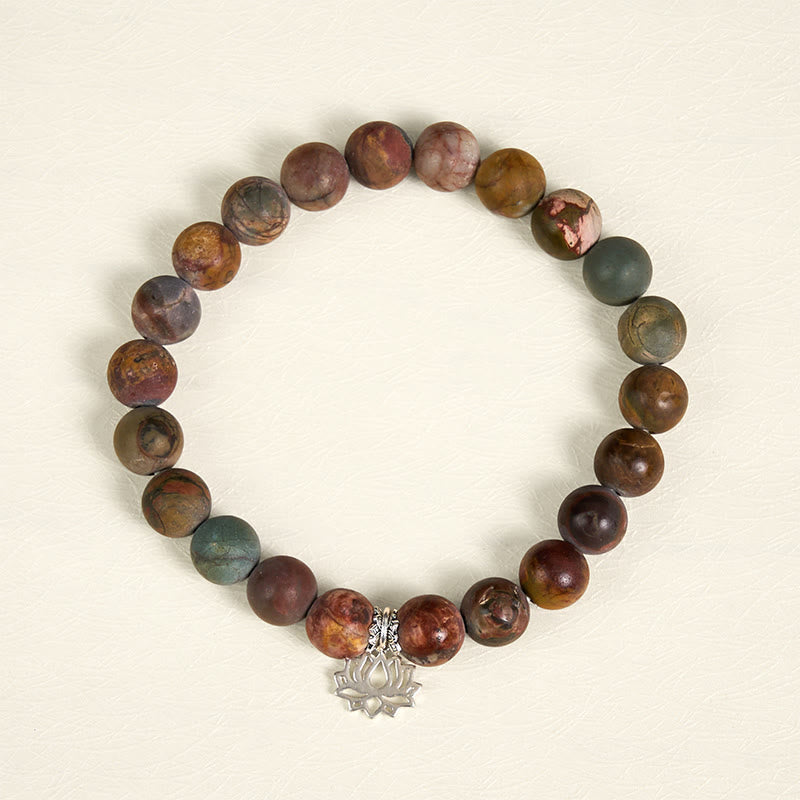 Bracciale Buddha Stones in argento sterling 925 con motivo loto e diaspro Picasso positivo - image 1