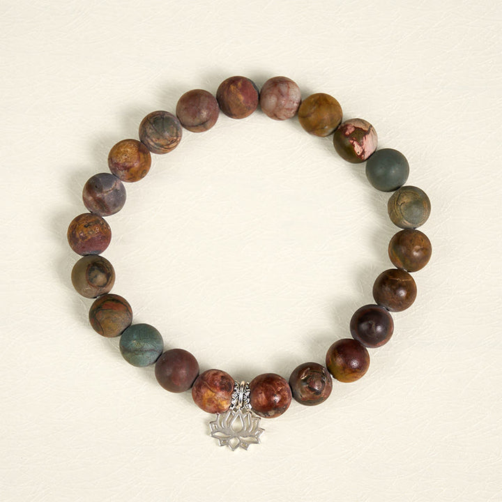 Bracciale Buddha Stones in argento sterling 925 con motivo loto e diaspro Picasso positivo - image 1