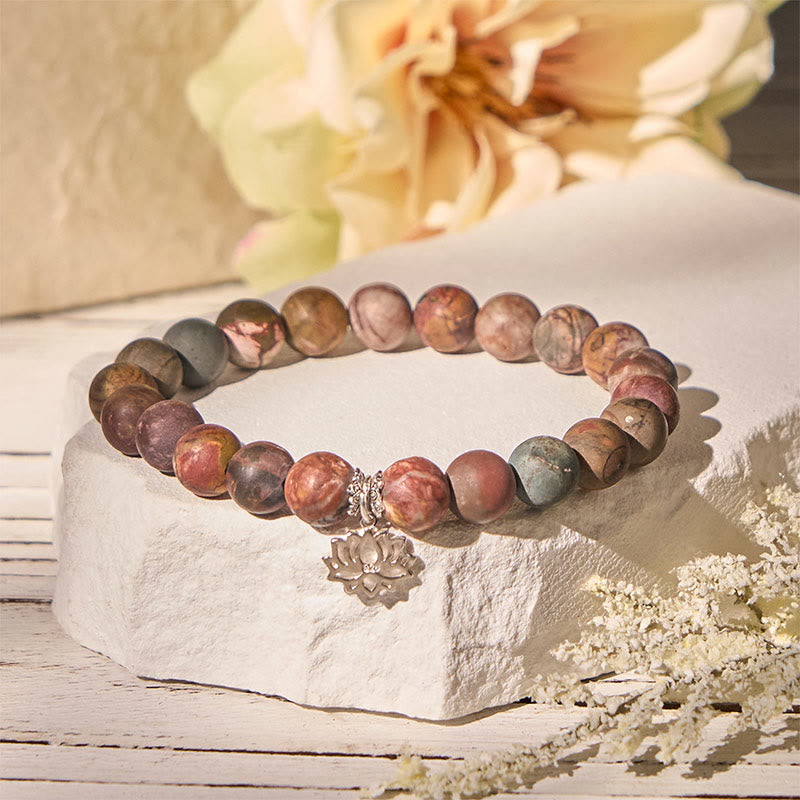 Bracciale Buddha Stones in argento sterling 925 con motivo loto e diaspro Picasso positivo - 20 centimetri - image 0