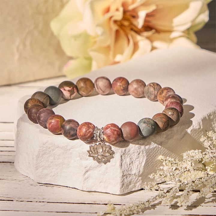 Bracciale Buddha Stones in argento sterling 925 con motivo loto e diaspro Picasso positivo - 20 centimetri - image 0