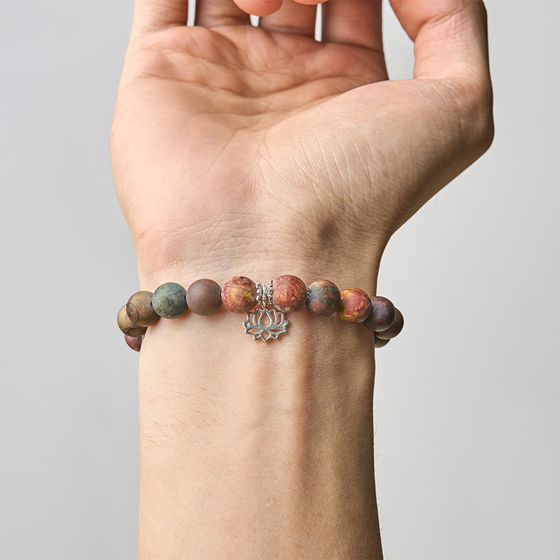 Bracciale Buddha Stones in argento sterling 925 con motivo loto e diaspro Picasso positivo - image 4