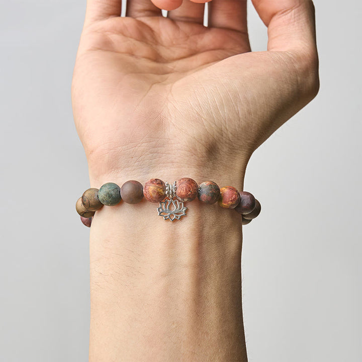 Bracciale Buddha Stones in argento sterling 925 con motivo loto e diaspro Picasso positivo - image 4