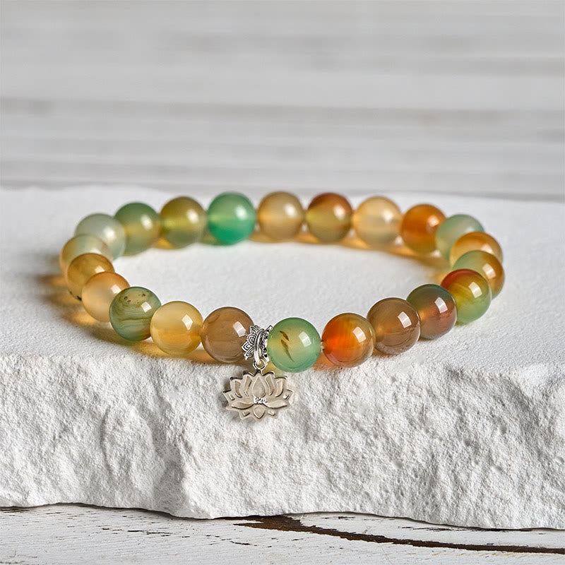 Bracciale con perle di coraggio in argento sterling 925 con simbolo di loto e agata pavone , Buddha Stones - image 1