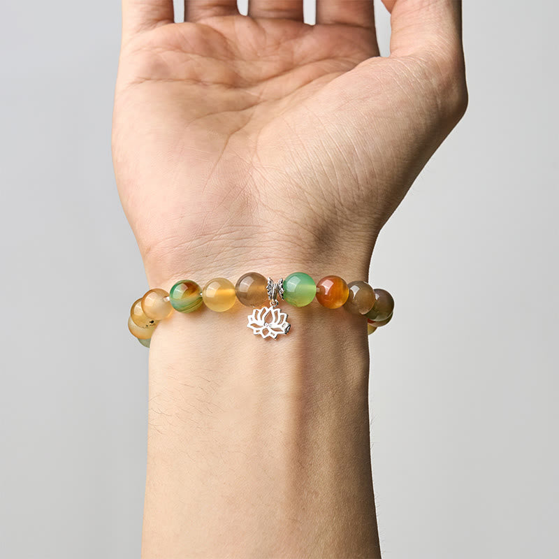 Bracciale con perle di coraggio in argento sterling 925 con simbolo di loto e agata pavone , Buddha Stones - image 4