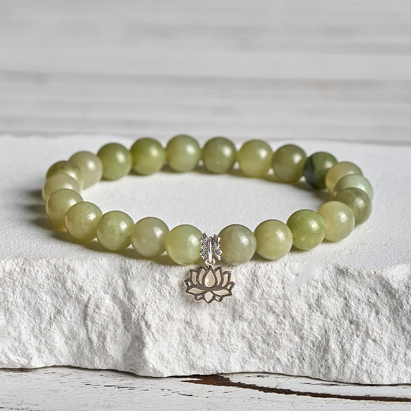 Bracciale della fortuna in argento sterling 925 con pietre di loto e giada ciano naturale Buddha Stones - 20 centimetri - image 0