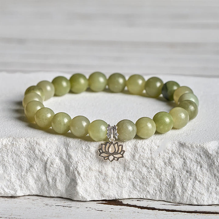 Bracciale della fortuna in argento sterling 925 con pietre di loto e giada ciano naturale Buddha Stones - 16 centimetri - image 0
