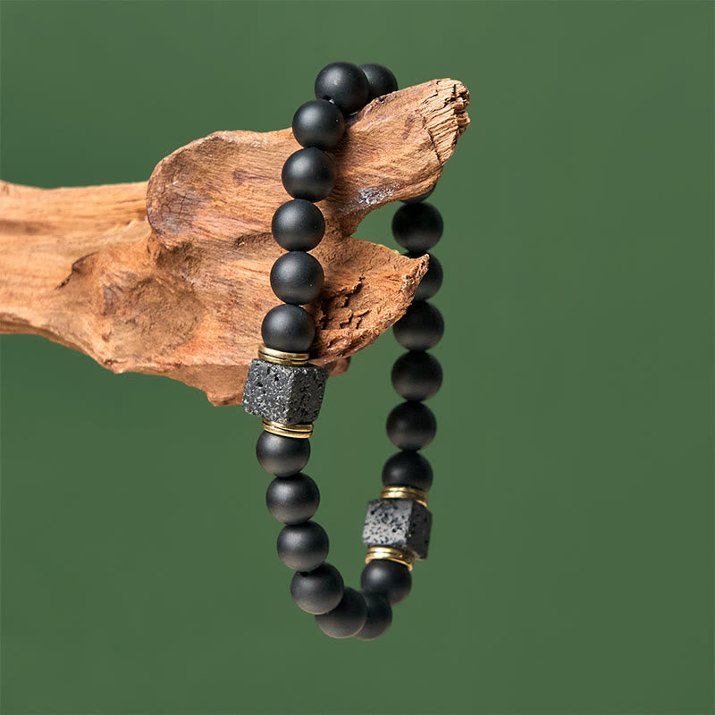Bracciale Buddha Stones in pietra lavica quadrata, onice nero satinato naturale, fortuna - image 3