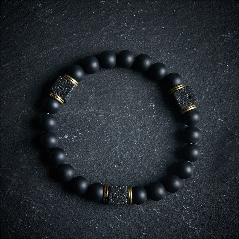 Bracciale Buddha Stones in pietra lavica quadrata, onice nero satinato naturale, fortuna - 20 centimetri - image 0