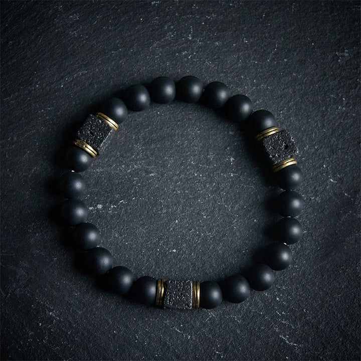 Bracciale Buddha Stones in pietra lavica quadrata, onice nero satinato naturale, fortuna - 20 centimetri - image 0