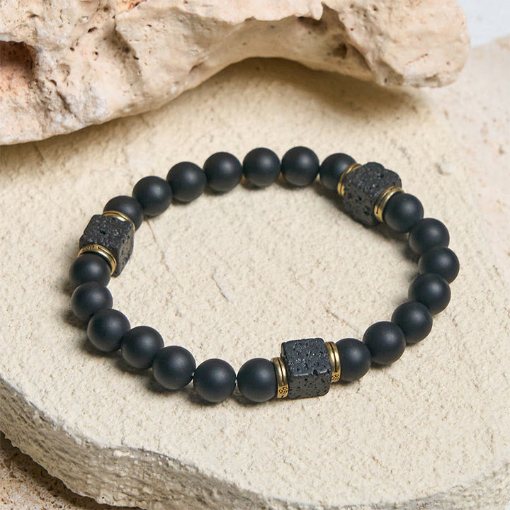 Bracciale Buddha Stones in pietra lavica quadrata, onice nero satinato naturale, fortuna - image 1