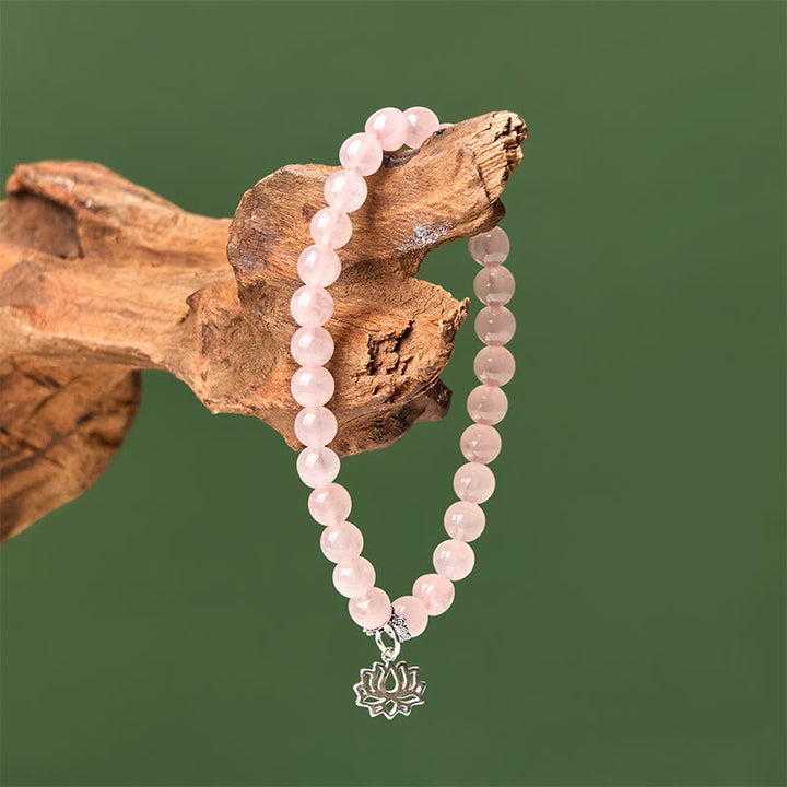 Braccialetto rilassante in cristallo rosa naturale con design a loto in argento sterling 925 Buddha Stones - image 12