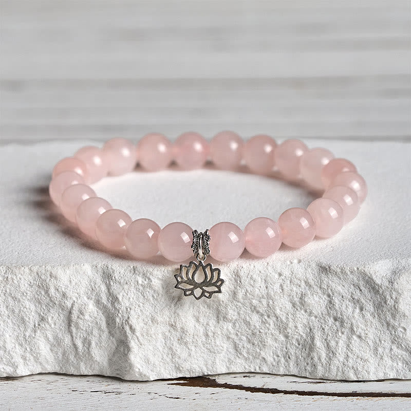 Braccialetto rilassante in cristallo rosa naturale con design a loto in argento sterling 925 Buddha Stones - 20 cm - 8 mm - image 0