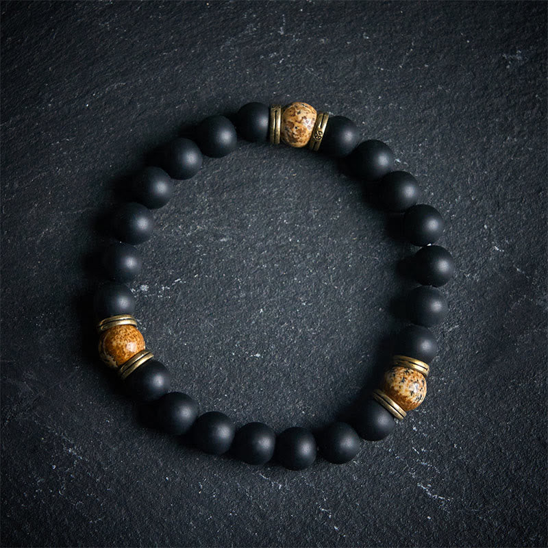 Bracciale Buddha Stones in onice nero satinato naturale con diaspro dipinto - 20 centimetri - image 0