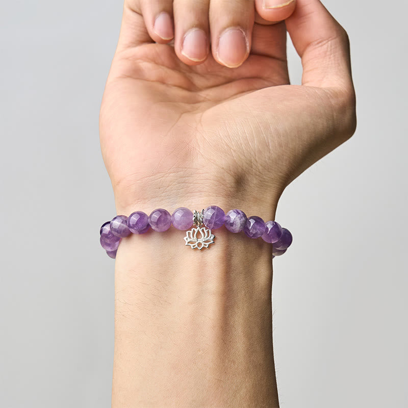 Bracciale con perline di equilibrio naturale in argento sterling 925 con ametista e design di loto Buddha Stones - image 4