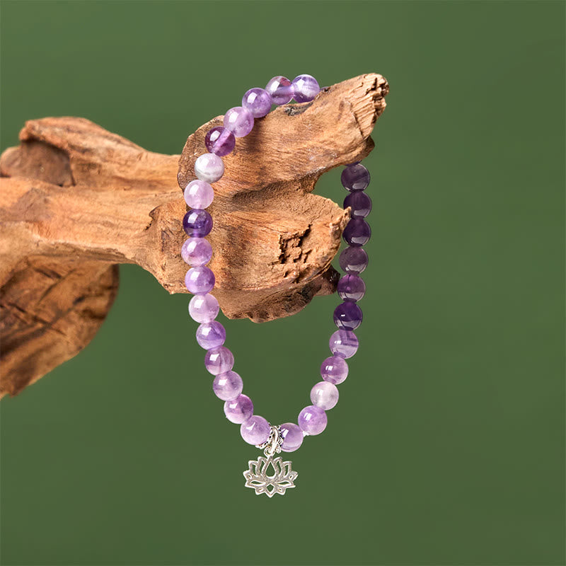 Bracciale con perline di equilibrio naturale in argento sterling 925 con ametista e design di loto Buddha Stones - image 13
