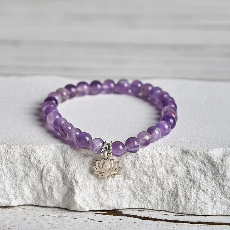 Bracciale con perline di equilibrio naturale in argento sterling 925 con ametista e design di loto Buddha Stones - 20 centimetri - 6 millimetri - image 10