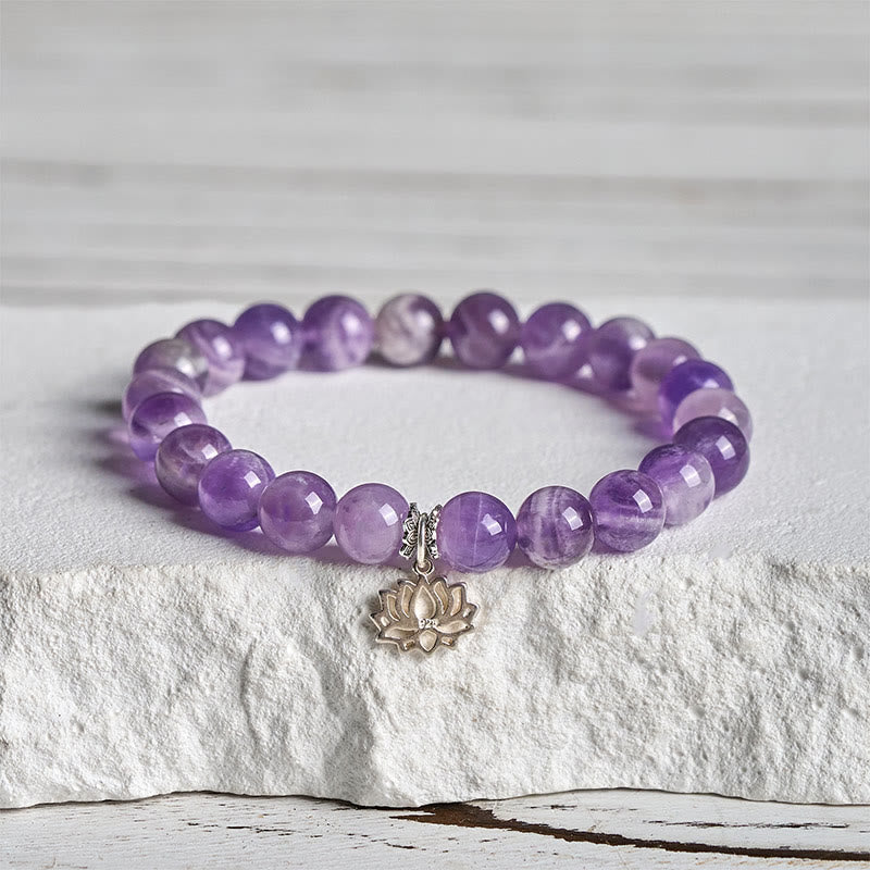 Bracciale con perline di equilibrio naturale in argento sterling 925 con ametista e design di loto Buddha Stones - 20 centimetri - 8 millimetri - image 0