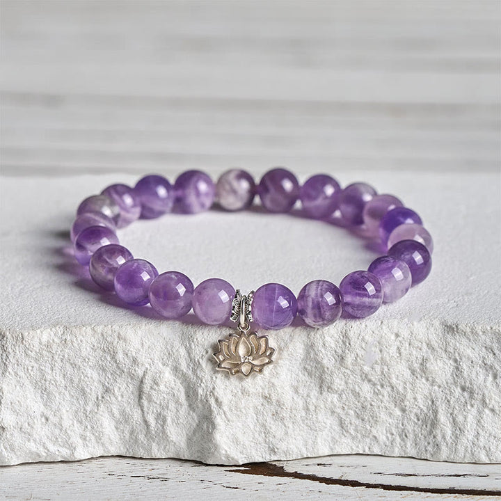 Bracciale con perline di equilibrio naturale in argento sterling 925 con ametista e design di loto Buddha Stones - 20 centimetri - 8 millimetri - image 0