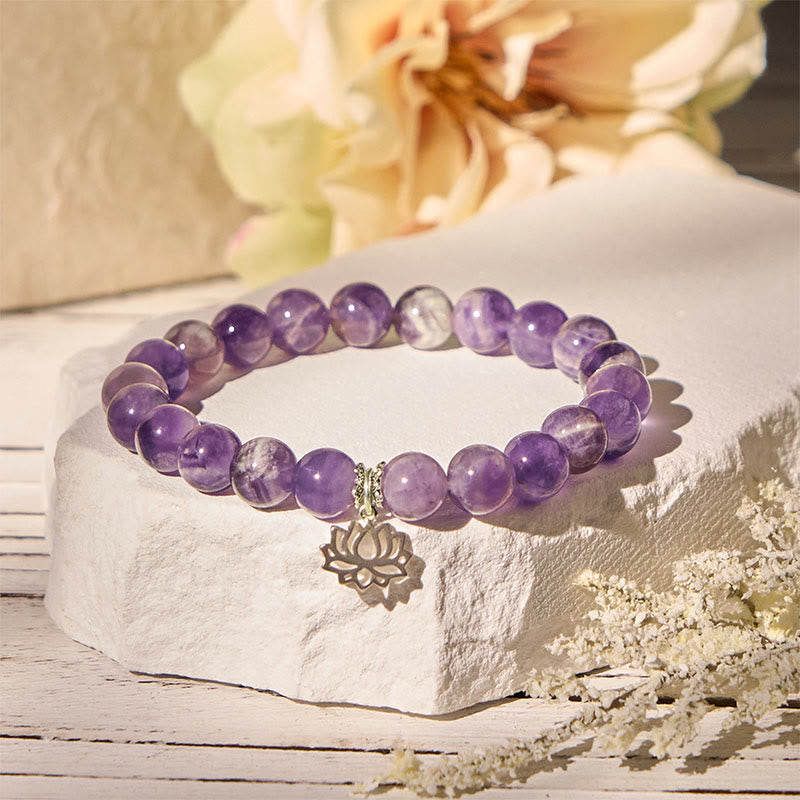 Bracciale con perline di equilibrio naturale in argento sterling 925 con ametista e design di loto Buddha Stones - image 1