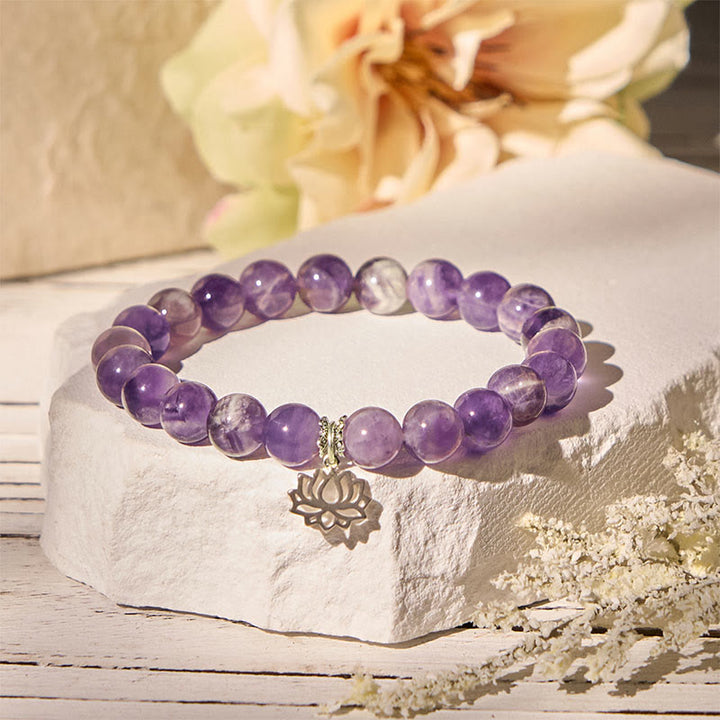 Bracciale con perline di equilibrio naturale in argento sterling 925 con ametista e design di loto Buddha Stones - image 1
