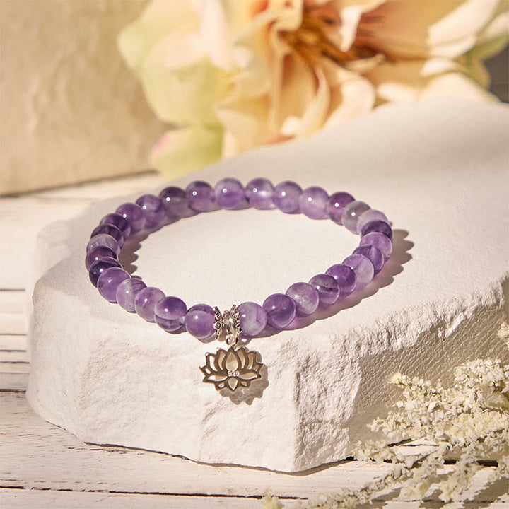 Bracciale con perline di equilibrio naturale in argento sterling 925 con ametista e design di loto Buddha Stones - image 11