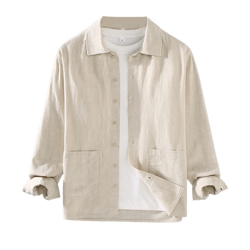 Camicia da uomo in cotone ramiè con maniche lunghe e bottoni, tinta unita, motivo Buddha Stones, con tasche - image 6