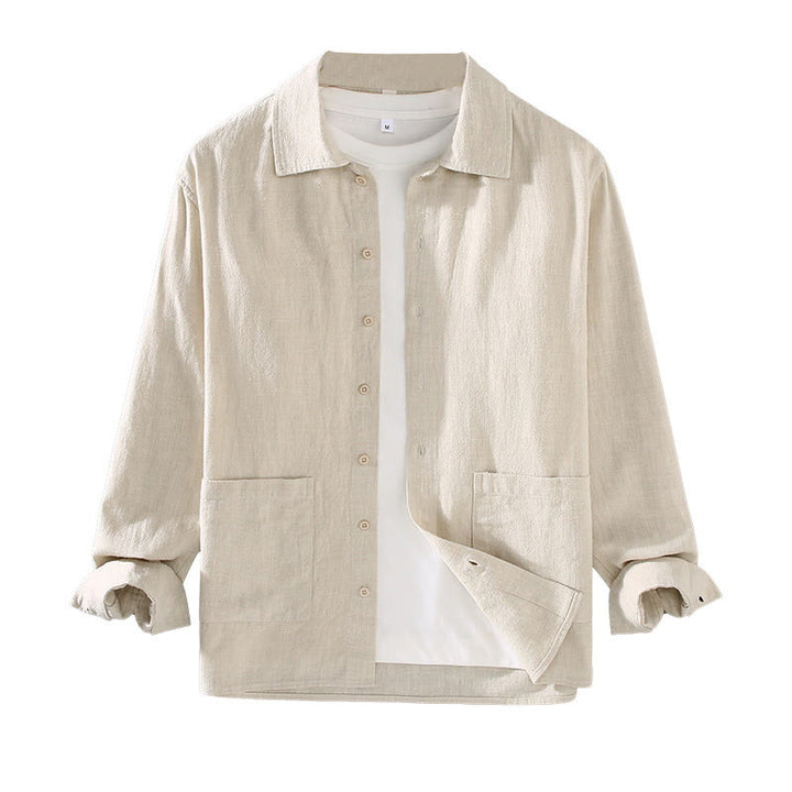 Camicia da uomo in cotone ramiè con maniche lunghe e bottoni, tinta unita, motivo Buddha Stones, con tasche - image 6
